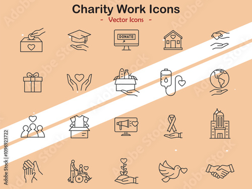 Icons illustrating charity and volunteer work themes in vector style