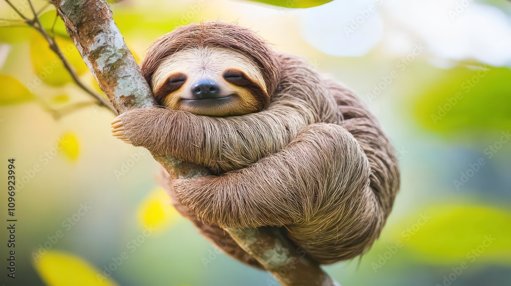 Fototapeta premium A cute sloth hanging on a tree branch, looking sleepy and relaxed with a gentle smile.