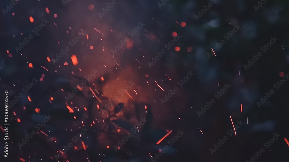 Embers and sparks fly from a nighttime fire. Embers and sparks fly from a nighttime fire.