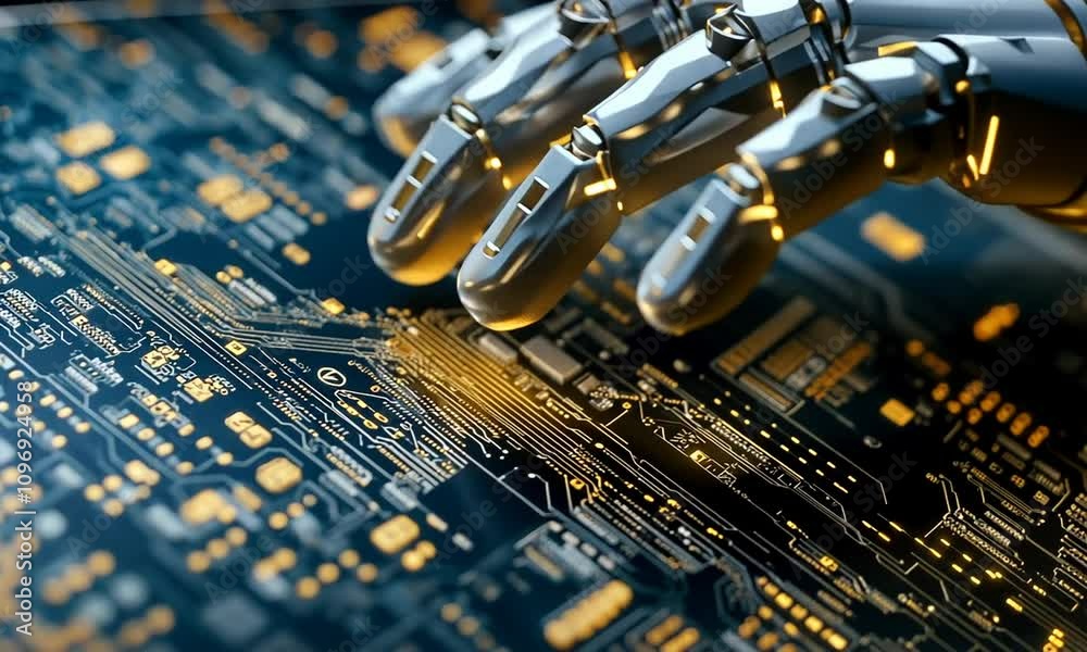 Futuristic Robotic Hand Touching Circuit Board with Glowing Lines ...
