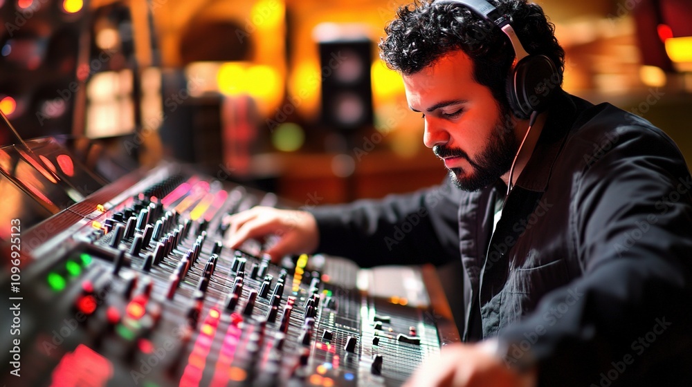 Focused Sound Engineer Adjusting Settings on Audio Mixer Console