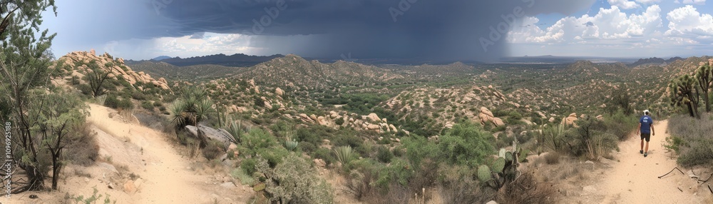 Obraz premium Hiking adventure amidst stormy skies scenic desert landscape outdoor activity arizona wide view nature exploration