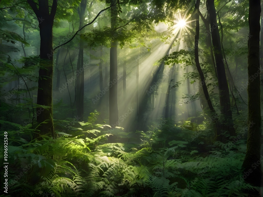 Obraz premium Sunbeams in Misty Forest Lush Green Canopy Ferns