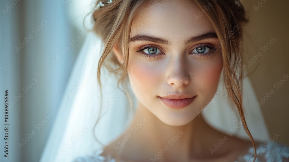 Young woman with blue eyes and soft smile, close-up portrait, natural beauty, delicate freckles, floral hair details, feminine, radiant, fresh face, gentle expression, elegance Young woman with blue eyes and soft smile, close-up portrait, natural beauty, delicate freckles, floral hair details, feminine, radiant, fresh face, gentle expression, elegance