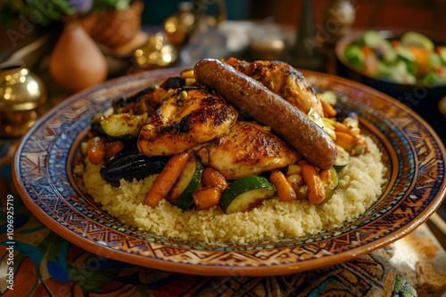 A vibrant Couscous Royal with fluffy grains, chicken, merguez, and colorful vegetables on a Moroccan plate, in warm rustic lighting photo