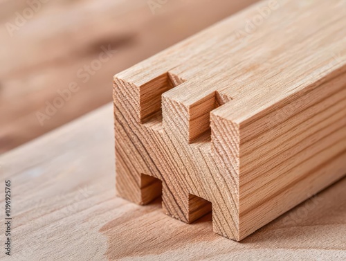 woodwork and furniture concept. A close-up of a tenon fitting snugly into a mortise joint, emphasizing precision joinery for durability photo