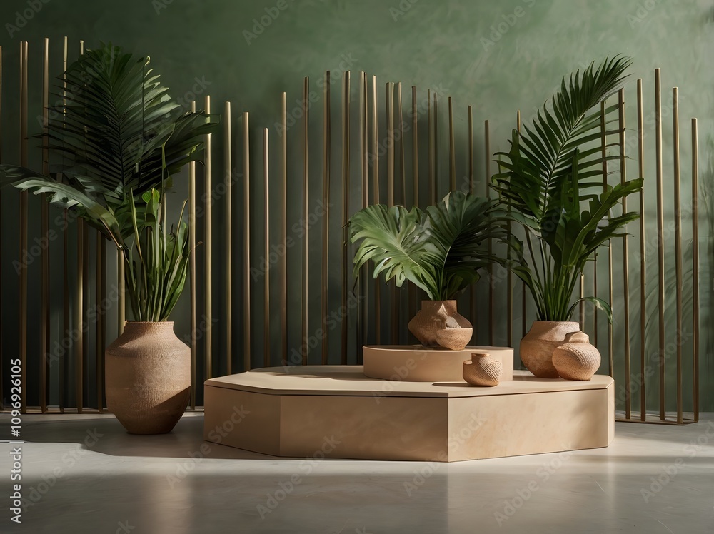 Fototapeta premium Modern Minimalist Interior Design with Plants and Beige Pots