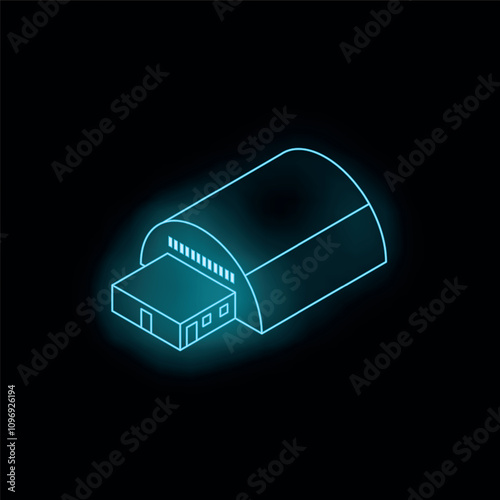 Neon blue warehouse building shining on a black background, simple icon illustration