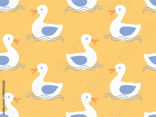 DOODLE CUTE DUCKLINGS SWIMMING IN THE POND IN YELLOW BACKGROUND RUBBER DUCK BATH TUB TOY SEAMLESS PATTERN IN VECTOR