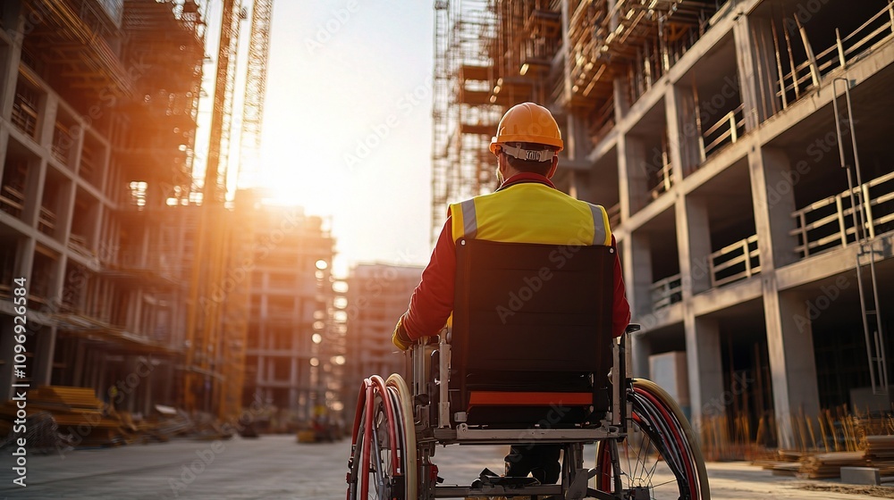 Obraz premium Engineer with Spinal Cord Injury Overseeing Construction Site Progress