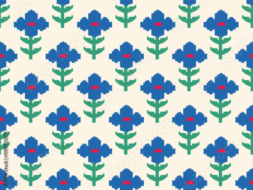PIXILATED BRIGHT FLORAL IN SEAMLESS PATTERN VINTAGE FARM TREND PATTERN 60'S 70'S HIPPIE STYLE FLORAL IN VECTOR