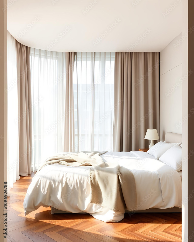 Fototapeta premium bedroom in warm colors, bed with blanket