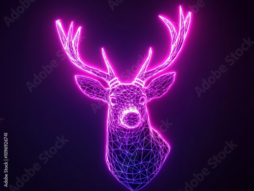 Stylized neon deer head in a grid-like pattern, glowing against a dark backdrop, evoking technological innovation. photo