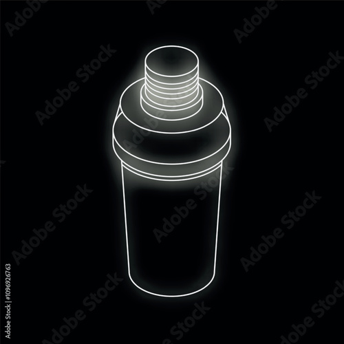 Cocktail shaker contour glowing white neon light on black background