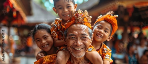 Happy elder man with three smiling children on his shoulders, wearing traditional orange clothes.