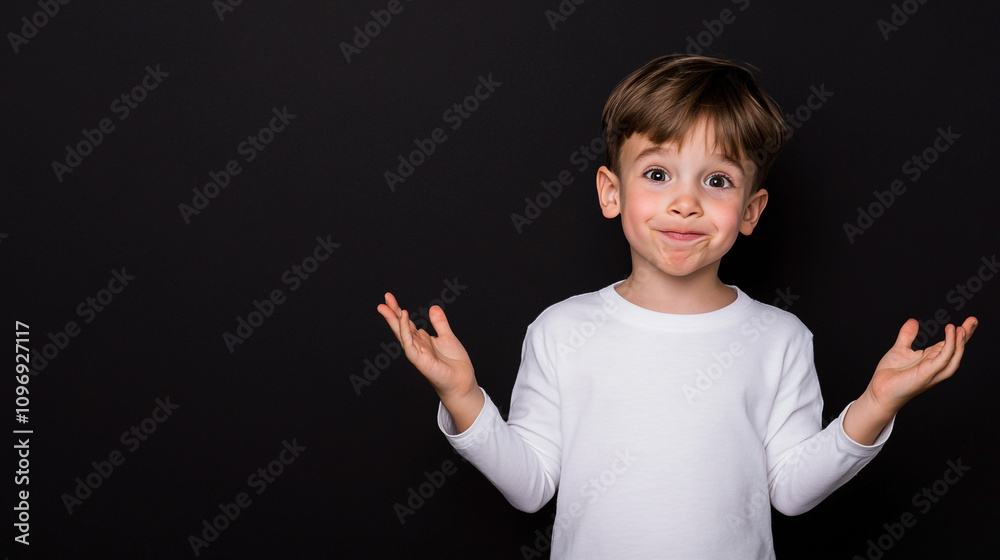 Adorable boy in a white shirt making a cheerful expression against a dark background. Adorable boy in a white shirt making a cheerful expression against a dark background.