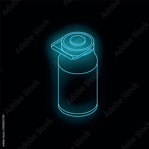 Neon milk can glowing on black background, concept for dairy products or farm products