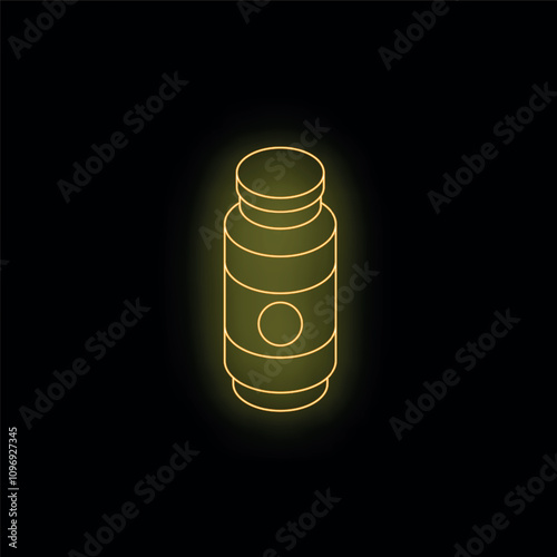 Linear neon icon of a medical drug bottle glowing on a dark background