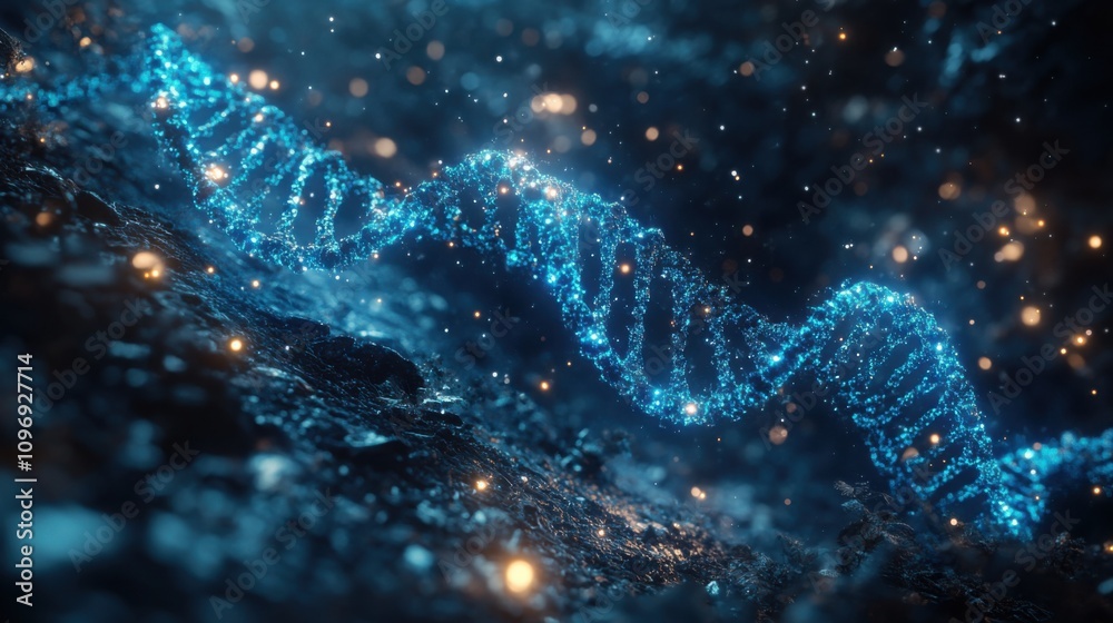 Futuristic glowing blue DNA strand made of particles, dark background, science and biotechnology concept, genetic innovation, molecular structure, high-tech digital visualization Futuristic glowing blue DNA strand made of particles, dark background, science and biotechnology concept, genetic innovation, molecular structure, high-tech digital visualization