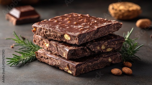 Three stacked chocolate bars with nuts and herbs on a dark surface.