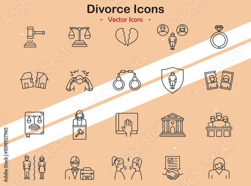 Icons illustrating divorce and family separation themes in vector style