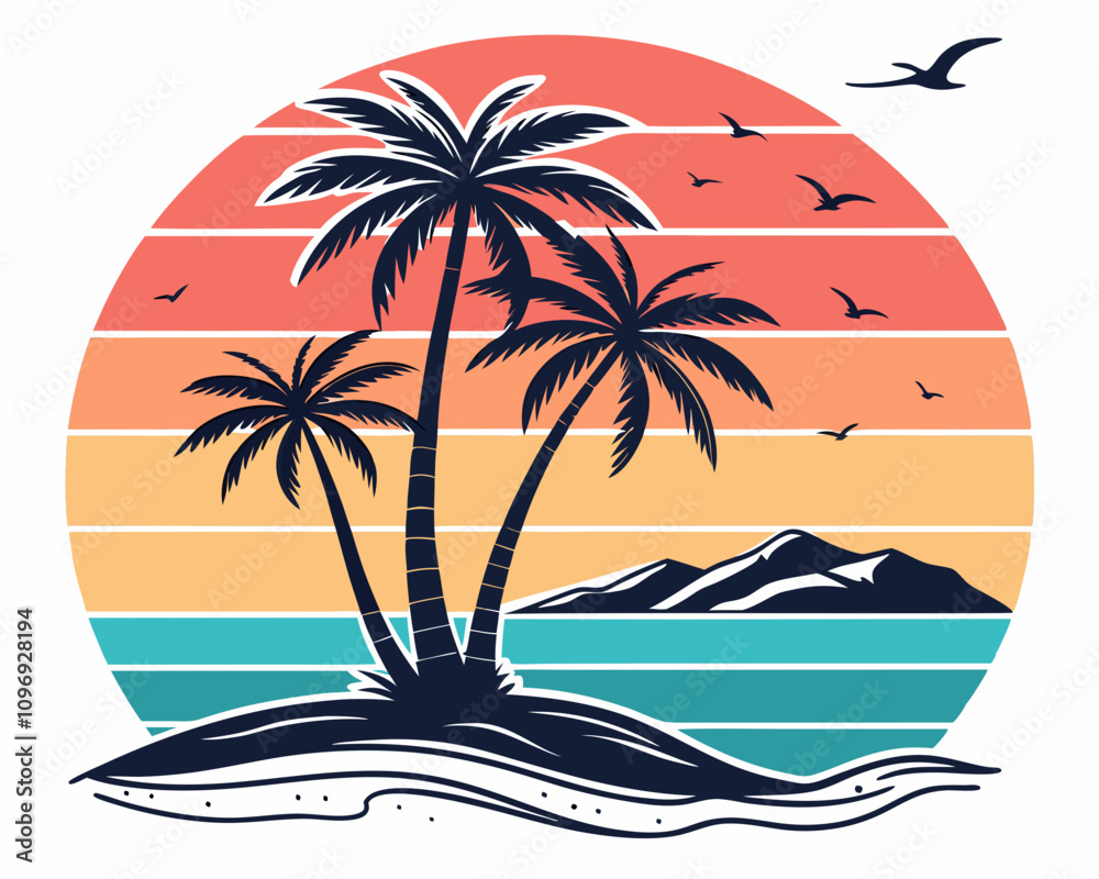 Beach Illustrations, Tropical Sunset with Palm Trees, Beach Paradise Vector Illustration, Sunset Island with Palms and Birds, Sunset Over the Ocean with Palms, Peaceful Beach Sunset Scene Beach Illustrations, Tropical Sunset with Palm Trees, Beach Paradise Vector Illustration, Sunset Island with Palms and Birds, Sunset Over the Ocean with Palms, Peaceful Beach Sunset Scene