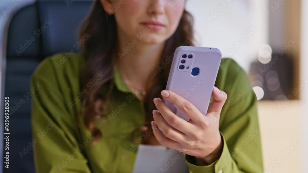 Serious woman holding smartphone in apartment closeup pan around. Businesswoman Serious woman holding smartphone in apartment closeup pan around. Businesswoman