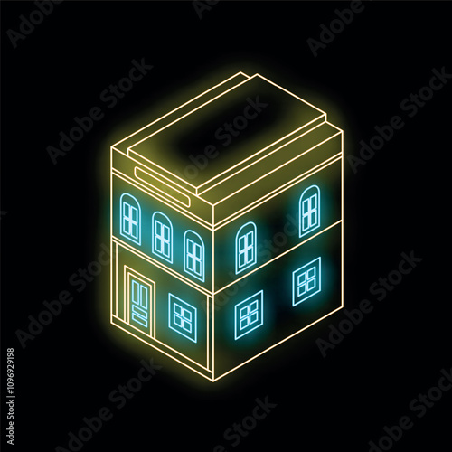 Isometric neon building glowing on dark background