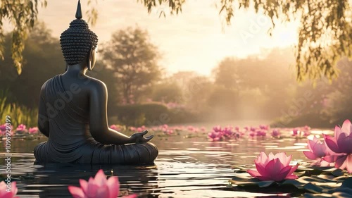 Buddha statue meditating by a serene lake surrounded by blooming lotus flowers at sunrise in a peaceful setting