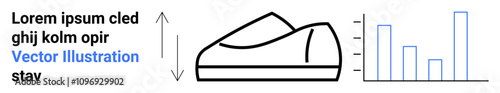 Black outline of a sneaker, bar graph, placeholder text including Vector Illustration, upward arrow. Ideal for data presentation, product marketing, performance metrics, analysis, sports trends