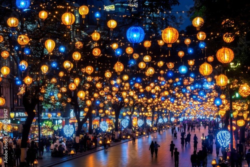 A busy city street lit by hundreds of streetlights creating a mesmerising light canopy. Generative AI