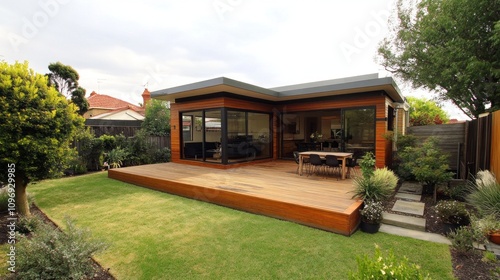 A small house with a patio and a small garden