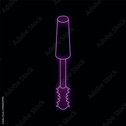 Glowing neon icon representing a mascara brush applicator with wand, isolated on a black background