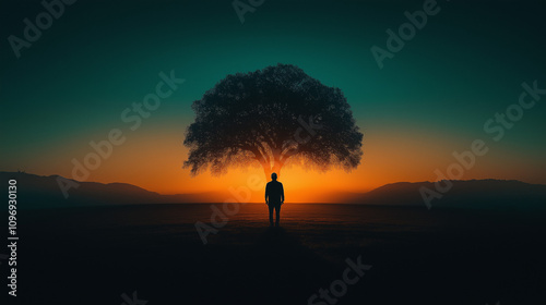 Silhouette of Man Underneath Tree at Sunset  photo