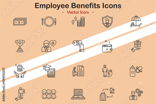 Icons illustrating employee benefits and HR themes in vector style