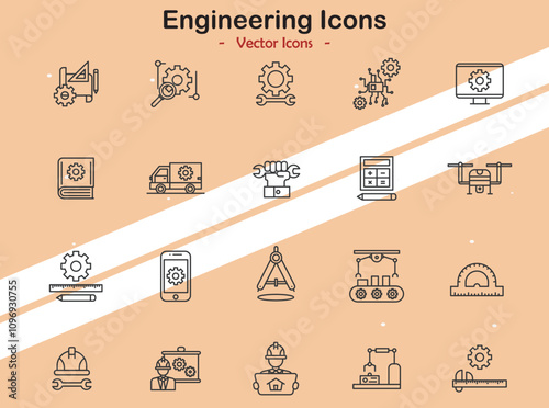 Icons representing engineering and technical themes in vector style