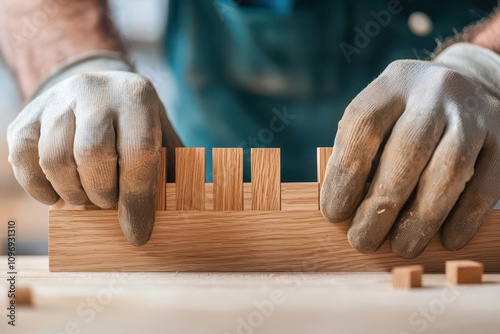 woodwork and carpentry concept. A carpenter using a dovetail jig to create perfectly aligned joints in a cabinet project photo