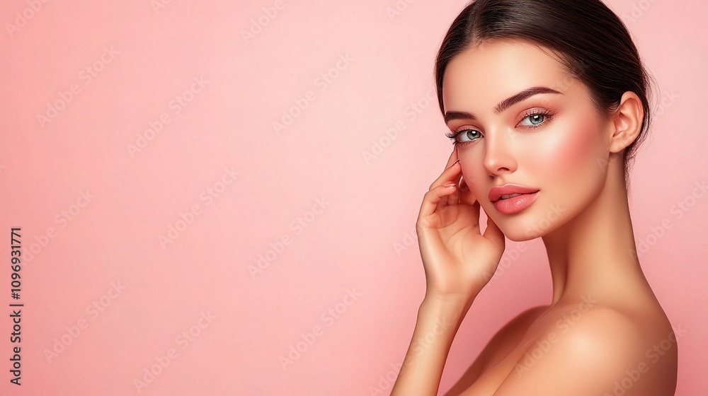 Asian Woman with Perfect Skin and Healthy Glow on Pink Background Asian Woman with Perfect Skin and Healthy Glow on Pink Background