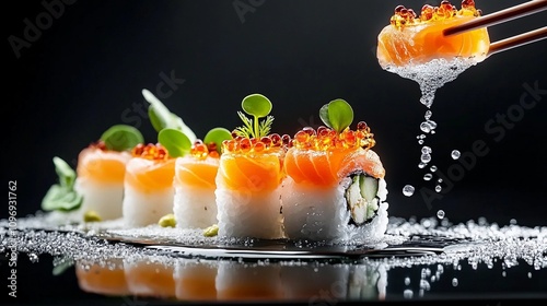 California sushi roll set on black background. Japanese cuisine and molecular gastronomy concept. Close-up food shot for poster, menu, advertising  photo