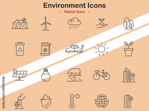 Icons representing environmental themes and eco-friendly actions in vector style