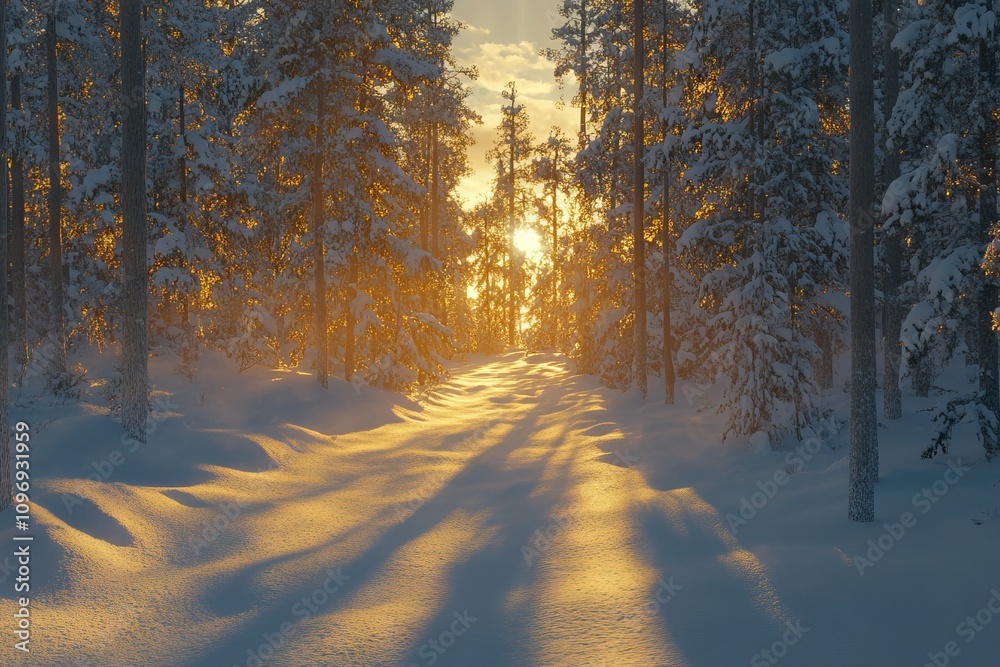 Beautiful Winter Forest Landscape at Sunset. AI generated illustration Beautiful Winter Forest Landscape at Sunset. AI generated illustration
