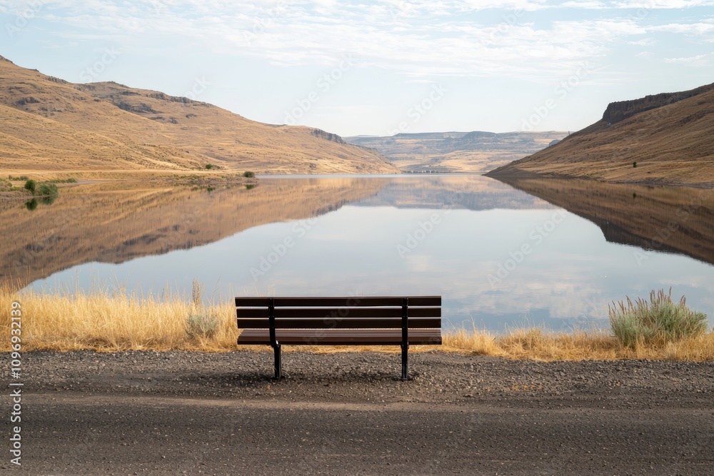 A peaceful roadside stop featuring a bench overlooking a serene lake with apricot orchards in the distance
