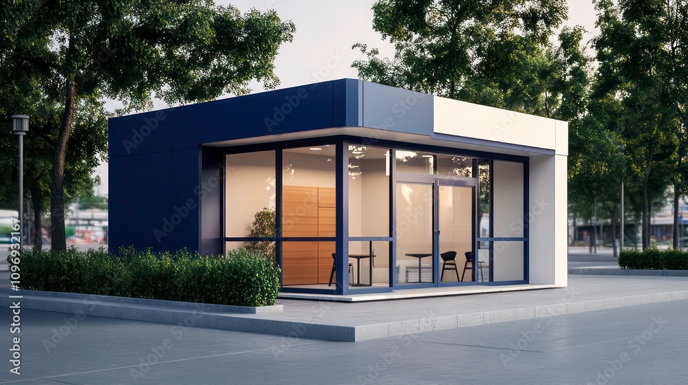 Modern storefront with glass windows, blue and white exterior, and a wooden door. Modern storefront with glass windows, blue and white exterior, and a wooden door.