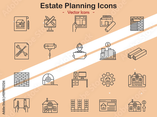 Icons illustrating estate planning and legal themes in vector style