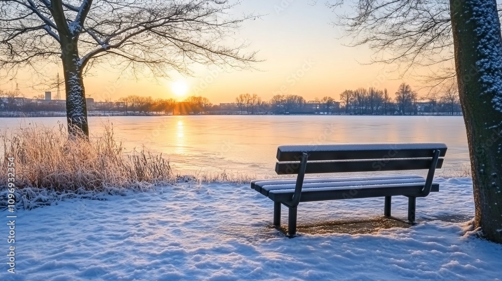 Beautiful Winter Landscape with Frozen Lake at Sunrise. AI generated illustration Beautiful Winter Landscape with Frozen Lake at Sunrise. AI generated illustration