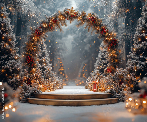 Podiums with a stand against the backdrop of winter fairy tales and festive illuminations