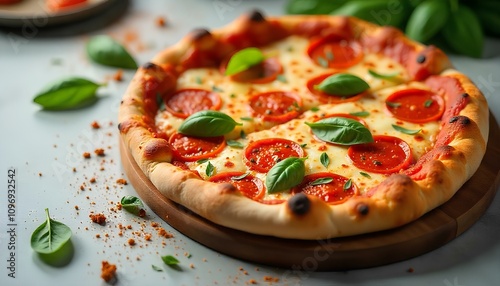 A freshly baked pizza with crispy edges, covered in spicy pepperoni and stretched mozzarella, displayed on a marble countertop with a sprinkle of fresh basil leaves scattered around.