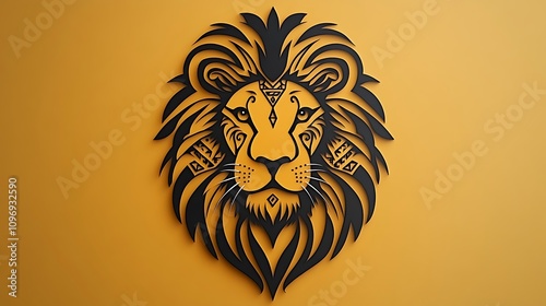 Ornate black lion head design on yellow background. photo