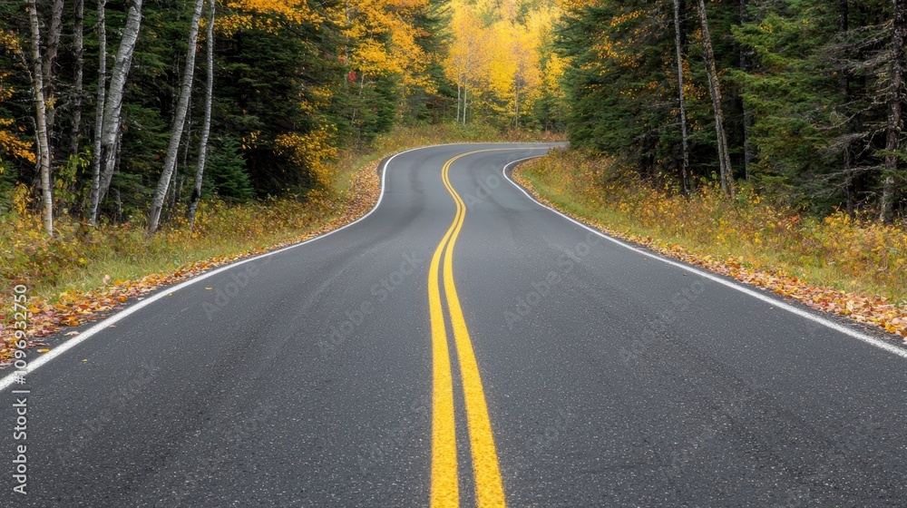 Obraz premium A tree-lined country road bathed in autumn hues, with leaves gently falling onto the pavement