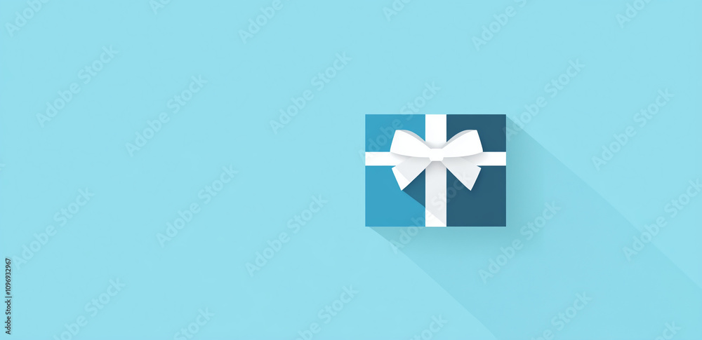 Obraz premium Brightly wrapped gift box with a white ribbon on a light blue background perfect for celebrations and special occasions